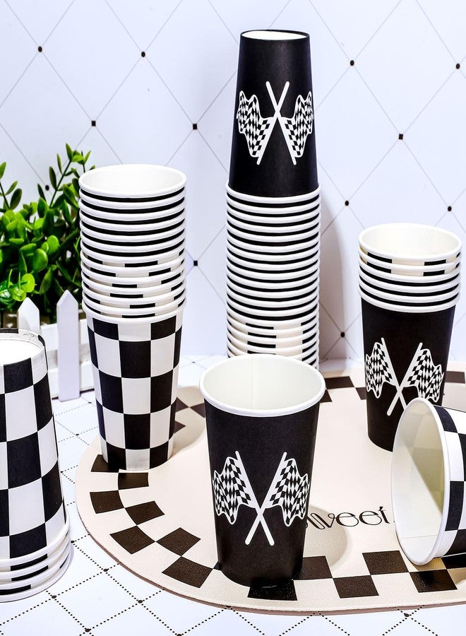 Whaline 50Pcs Checkered Racing Paper Cups 9 oz White Black Checkered Flag Disposable Cups Decorative Party Cups for Racecar Themed Birthday Party - Image 4